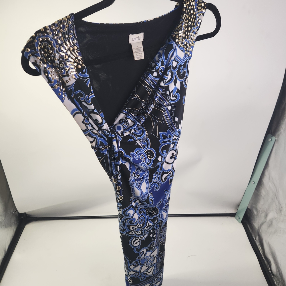 Cache Black White and Blue Midi Geometric Dress Size Medium M